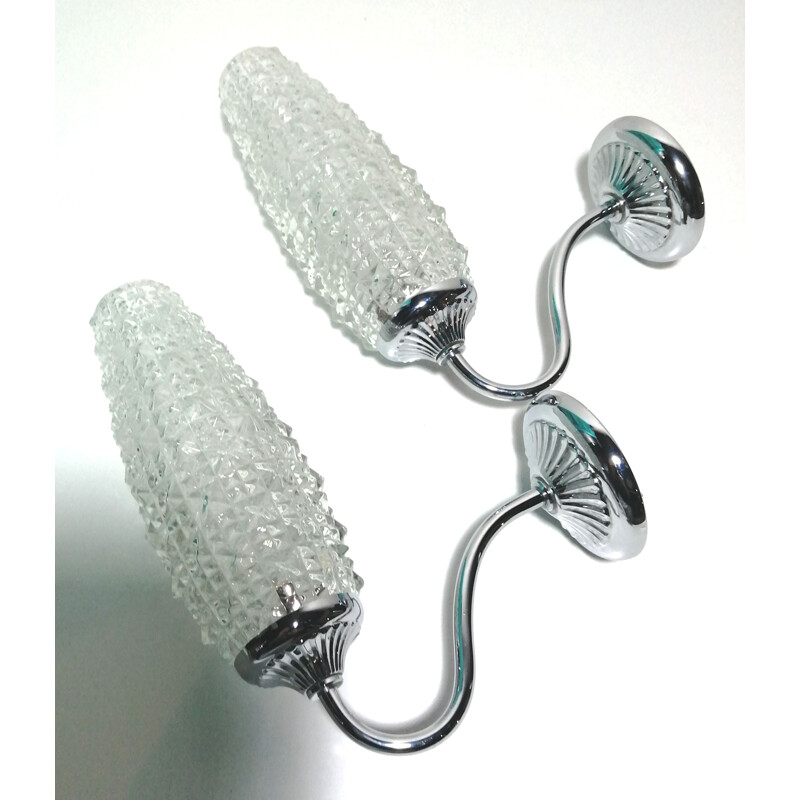 Pair of vintage glass and chrome tulip wall lamps, 1960-1970