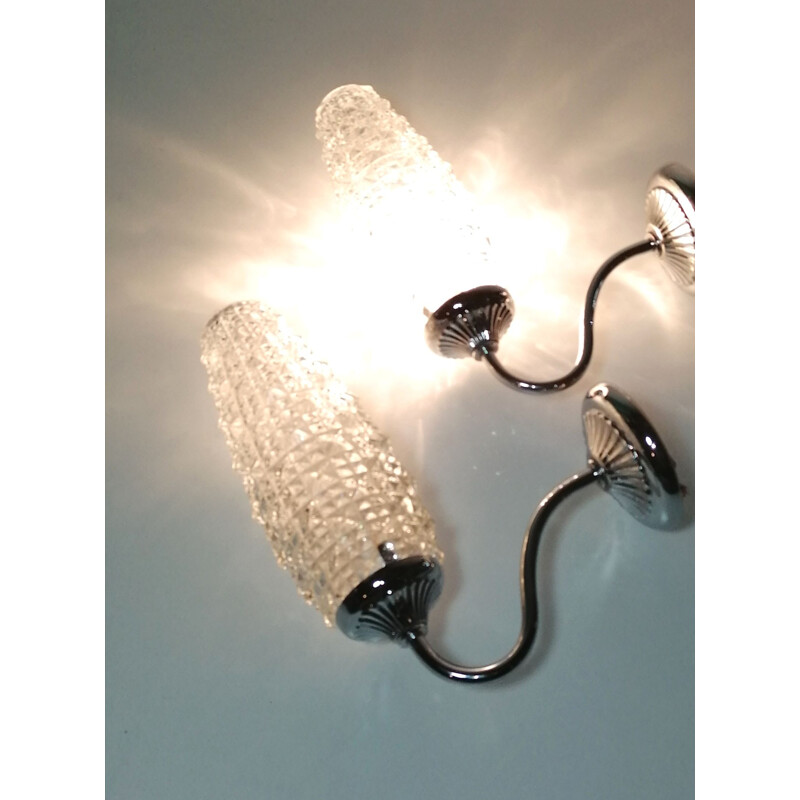 Pair of vintage glass and chrome tulip wall lamps, 1960-1970