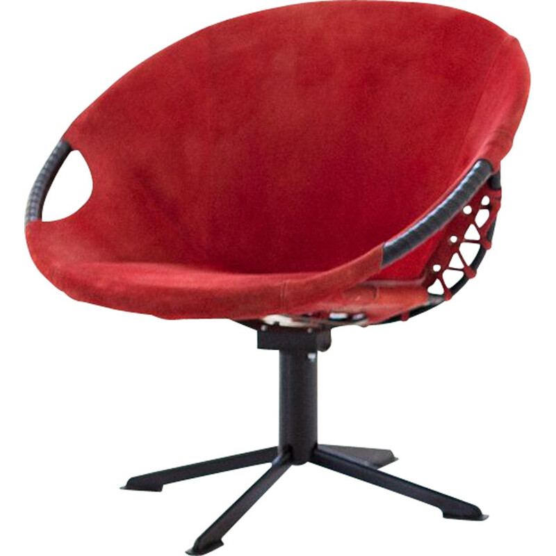 Vintage rood lederen fauteuil met ijzeren frame, 1960
