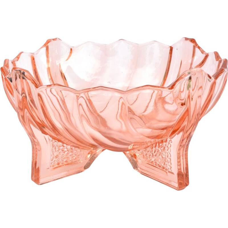 Vintage art deco salmon glass bowl by Ladislav Morávek for Libochovice Sklarna, Czech 1930