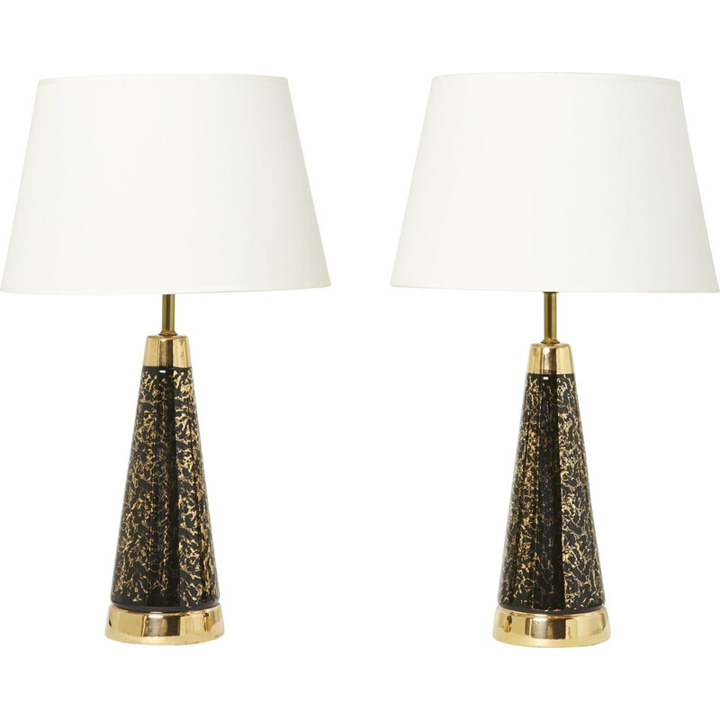 Pair of vintage ceramic and brass night stands lamps, 1970