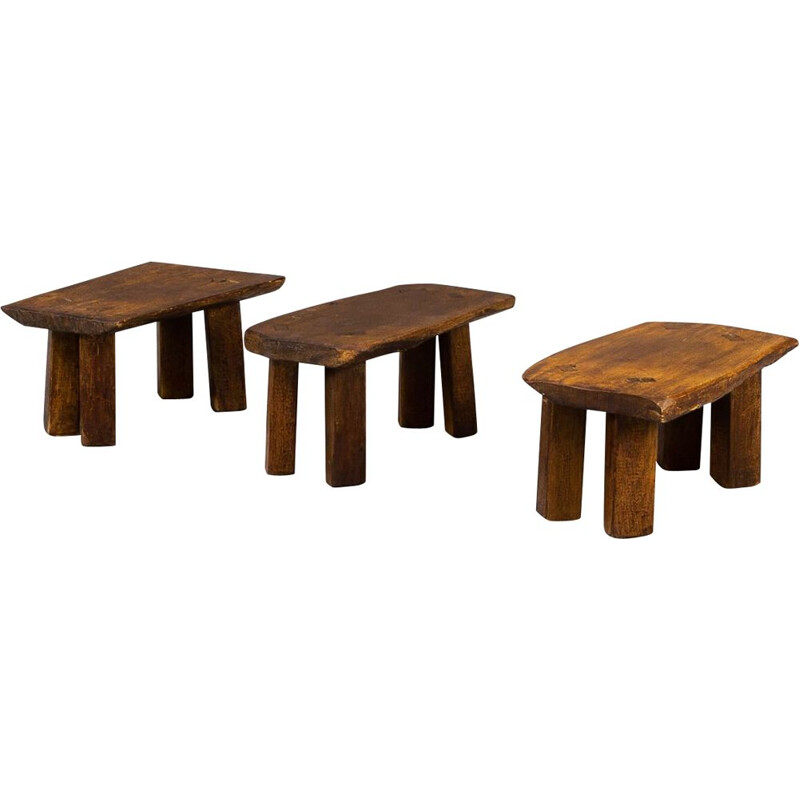 Set of 3 vintage oakwood brutalist side tables