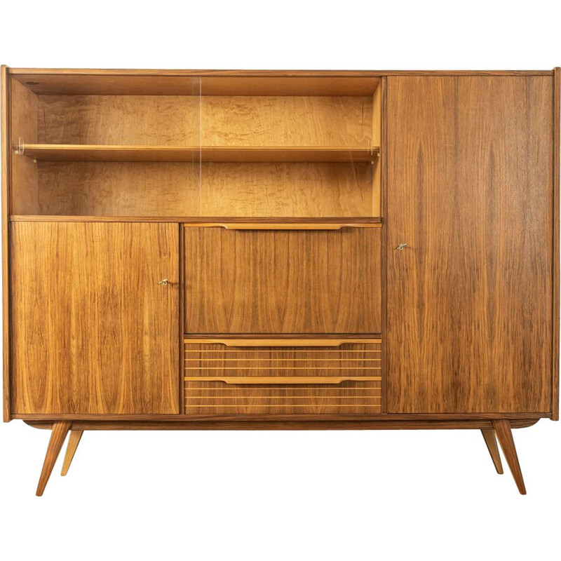 Vintage walnut highboard with two sliding glass doors, Germany 1950s