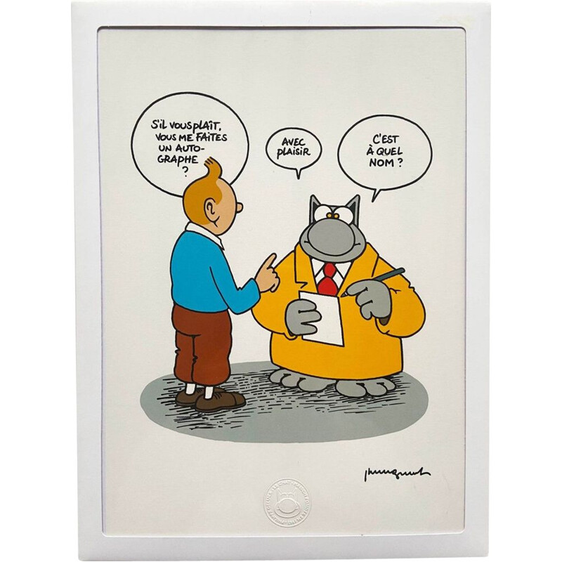 Sérigraphie sur papier vintage "Le chat et Tintin" de Philippe Geluck, 2020