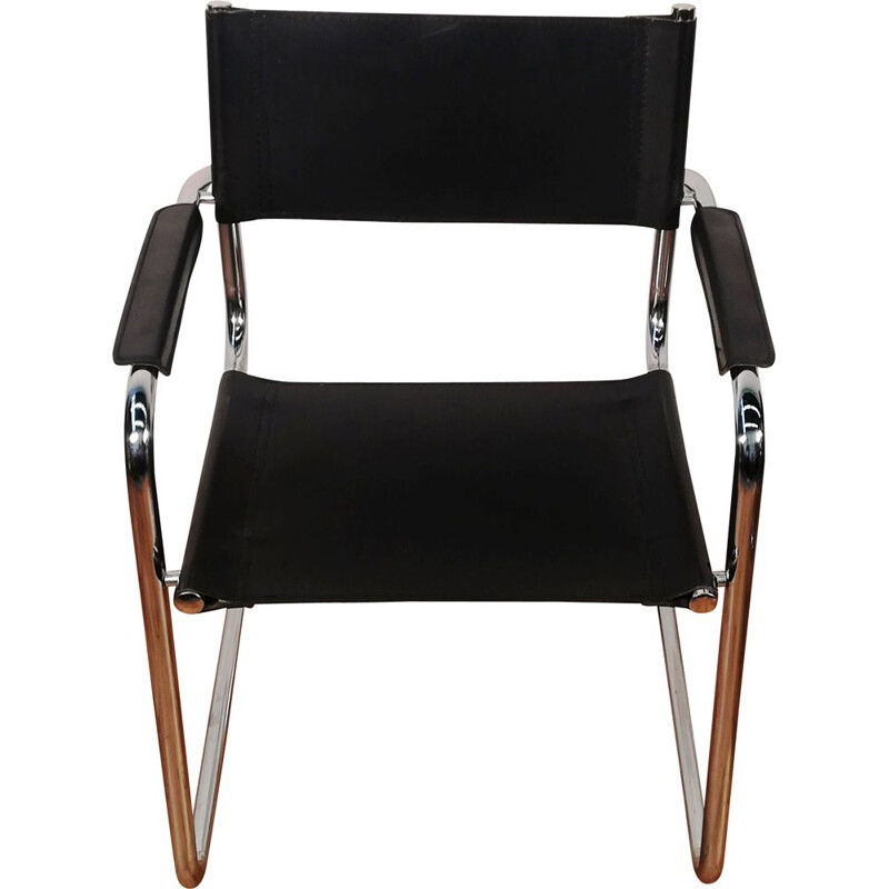 Zwart leder en aluminium vintage fauteuil