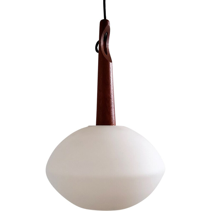 Vintage teak and opal glass suspension by Uno and Östen Kristiansson for Luxus, Sweden 1950