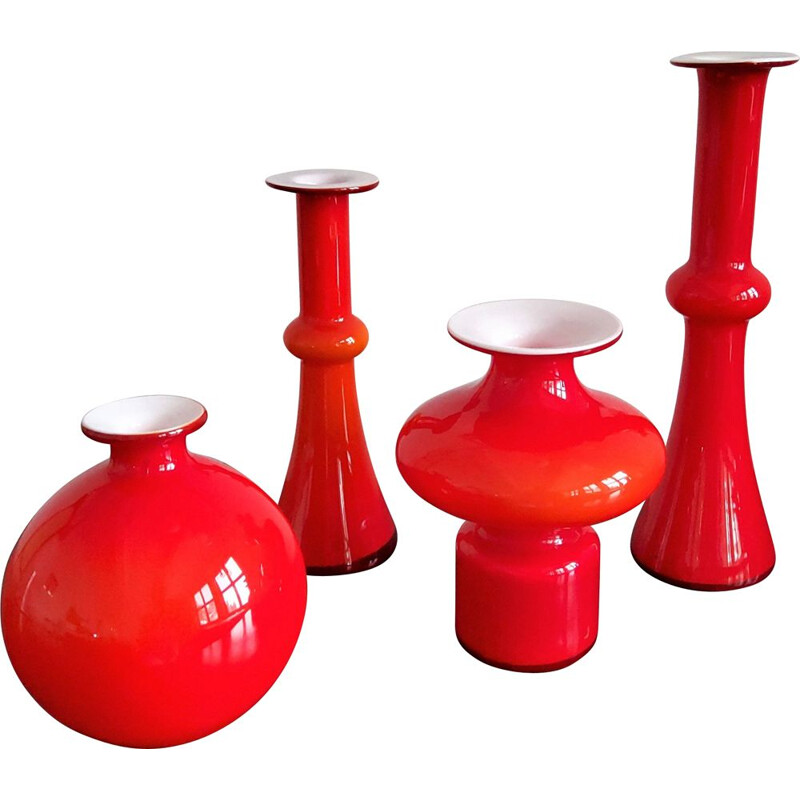 Satz von 4 Vasen aus rotem Glas von Per Lütken für Holmegaard, Dänemark 1960