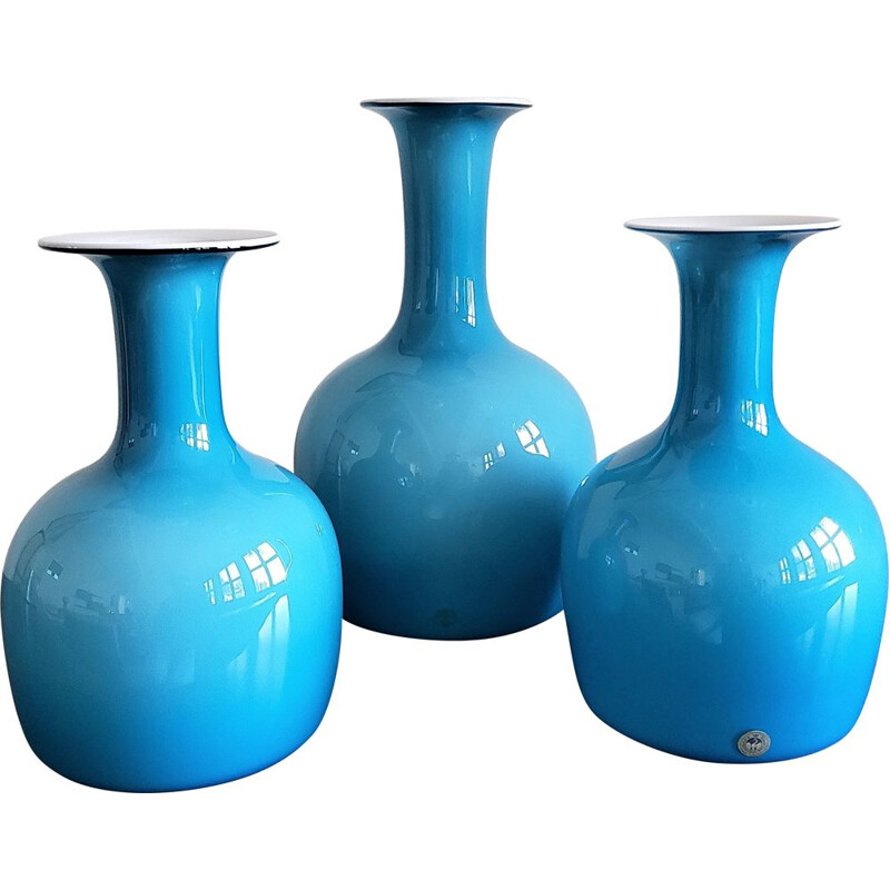 Set of 3 vintage opal blue glass carnaby vases by Per Lütken for Holmegaard, Denmark 1960