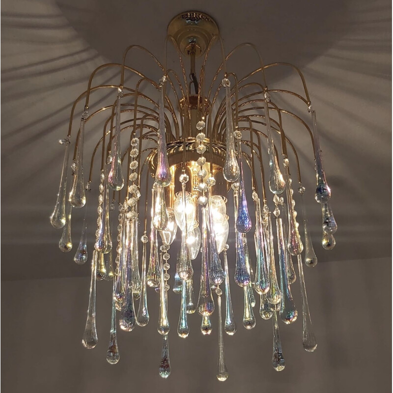 Vintage Murano glass teardrop waterfall chandelier, Italy 1970s