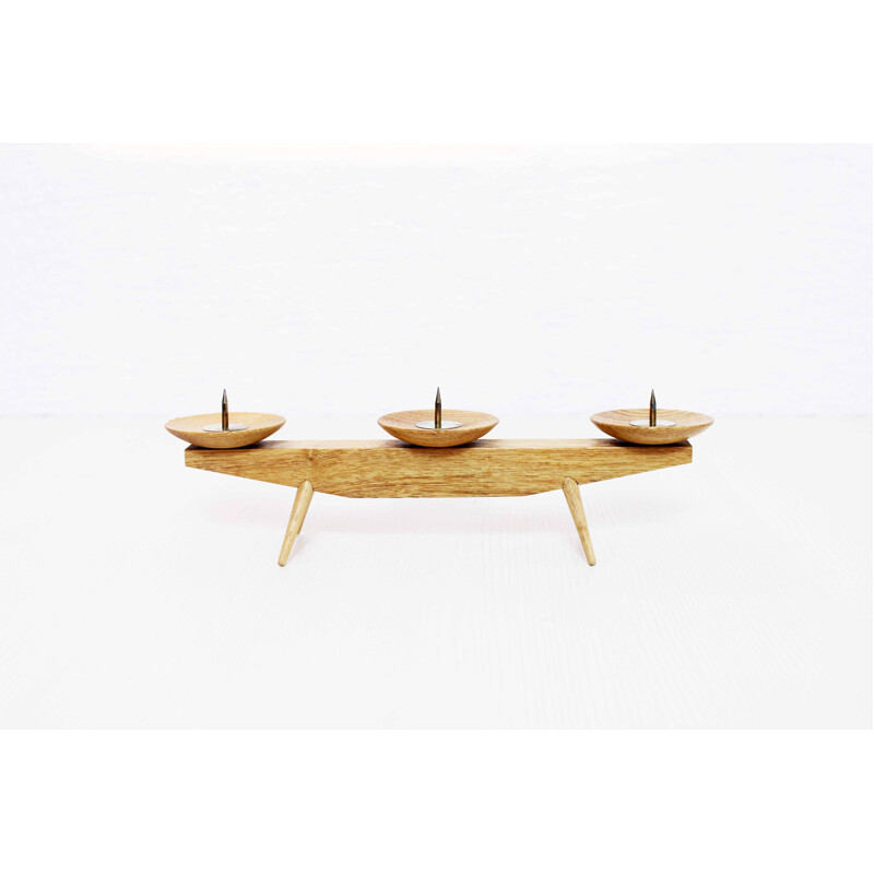 Candeliere vintage scandinavo in legno e ottone