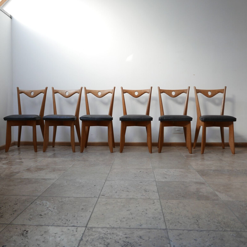 Set of 6 oakwood mid-century dining chairs by Guillerme et Chambron, France 1960s