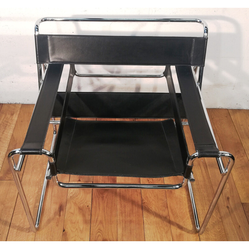 Fauteuil vintage Wassily B3 en cuir et aluminium par Marcel Breuer pour Gavina