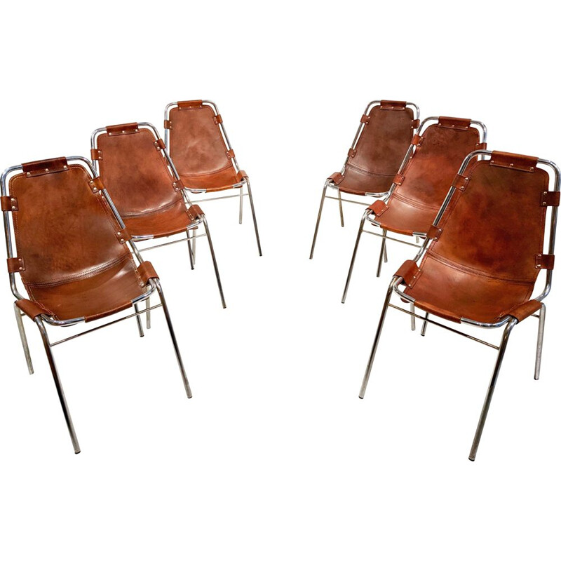 Lot de 6 chaises vintage en cuir de peau de vache par Charlotte Perriand pour Les Arcs