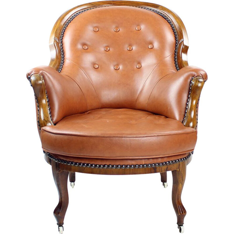 Vintage cognac leather and walnut armchair, Czechoslovakia 1940s