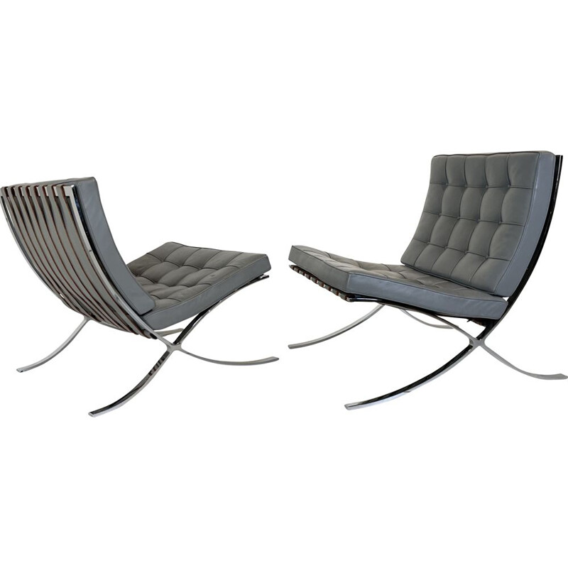 Vintage grey leather armchairs by Ludwing Mies van der Rohe for Knoll, 1980