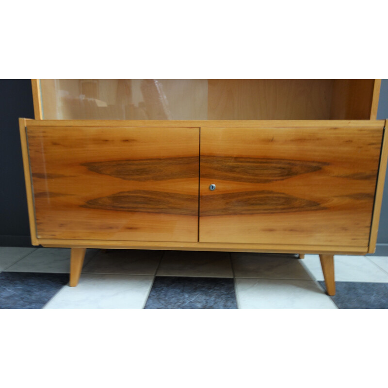 Vintage blond wood sideboard with 2 sliding glass doors by Trud Czech, 1960