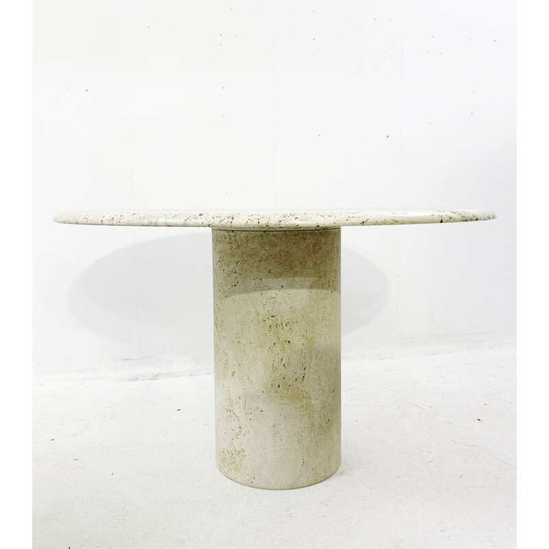Mid-century travertine table with removable leather piece on the feet, Italy 1970s