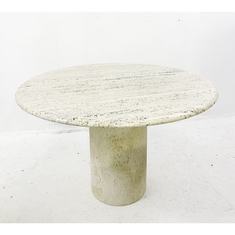 Mid-century travertine table with removable leather piece on the feet, Italy 1970s