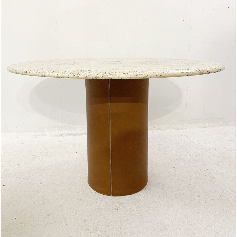 Mid-century travertine table with removable leather piece on the feet, Italy 1970s