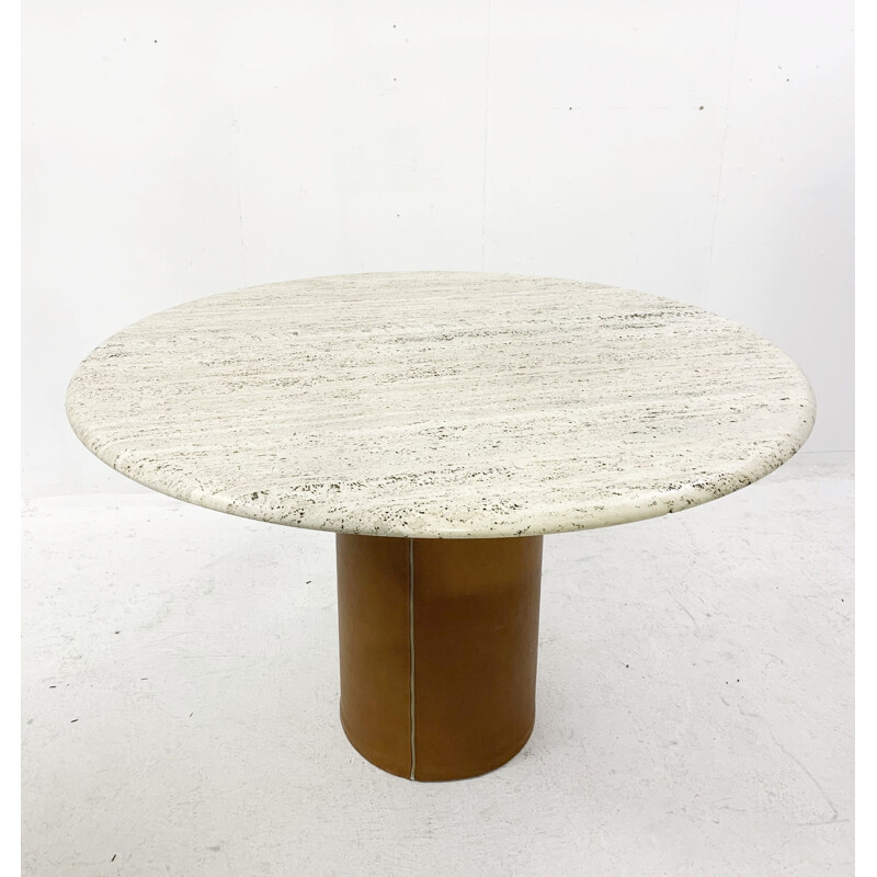 Mid-century travertine table with removable leather piece on the feet, Italy 1970s
