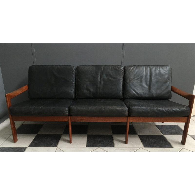 Leather and teak vintage 3 seater sofa by iIlum Wikkelso for Niels Eilersen, Denmark 1960s