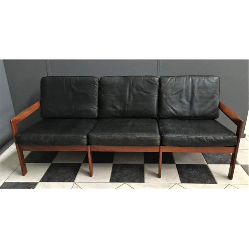 Leather and teak vintage 3 seater sofa by iIlum Wikkelso for Niels Eilersen, Denmark 1960s