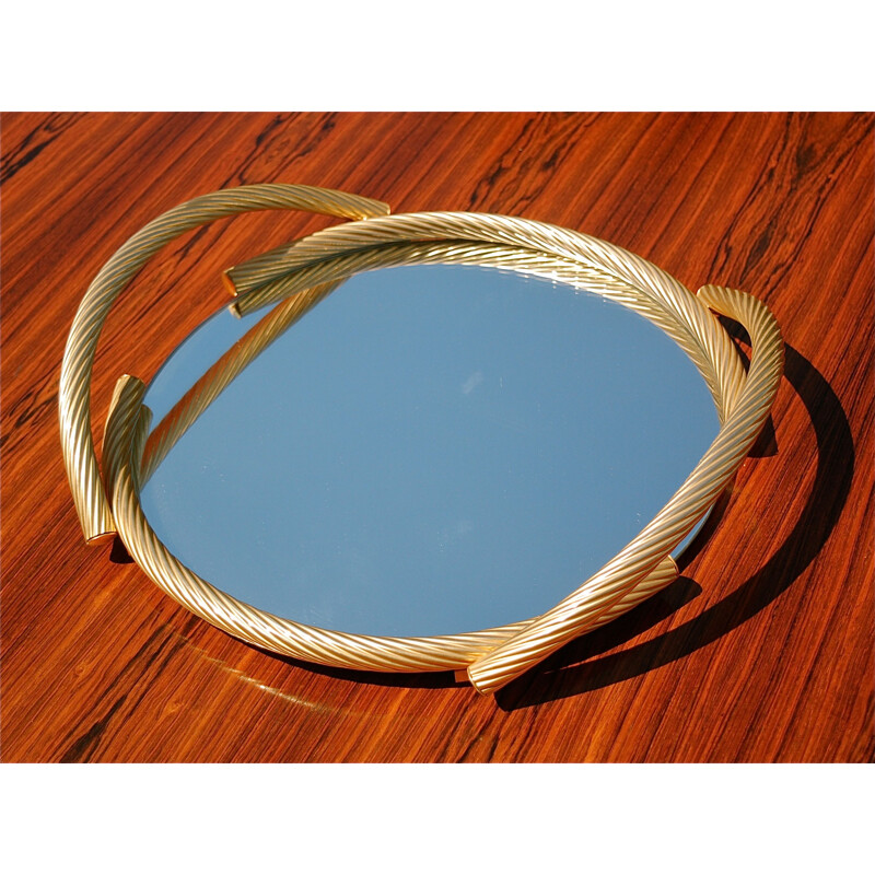 Plateau circulaire vintage en miroir avec poignées torsadées en plaqué or, Italie 1980