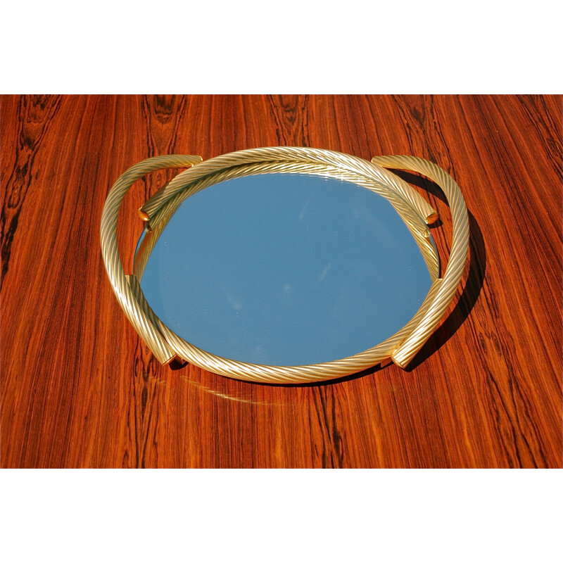 Vintage circular mirrored tray with gold plated twisted handles, Italy 1980s