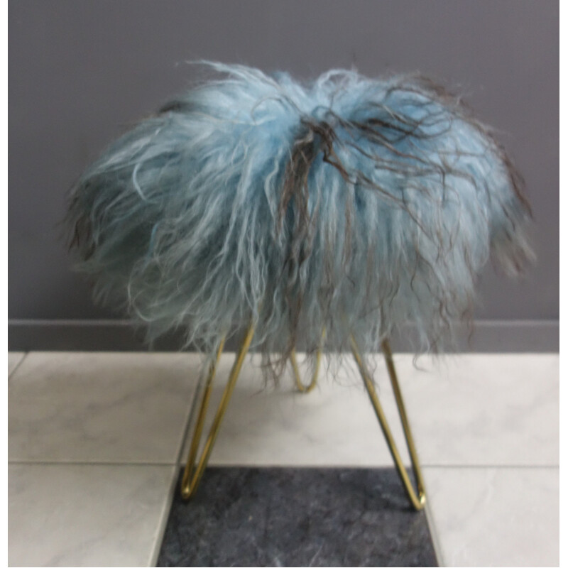 Vintage blue goat hair fluffy stool on hairpin legs, 1960s