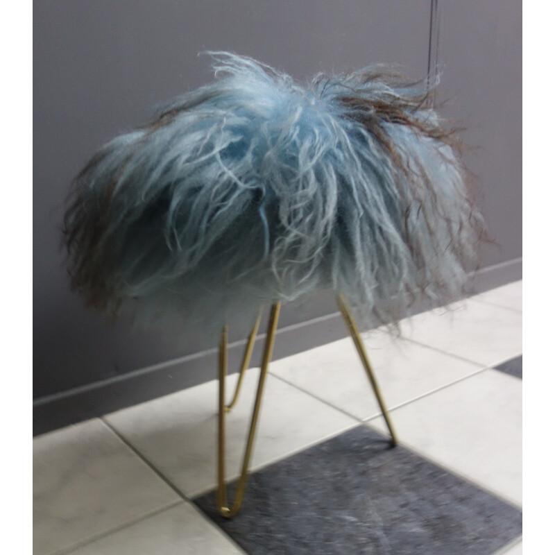 Vintage blue goat hair fluffy stool on hairpin legs, 1960s