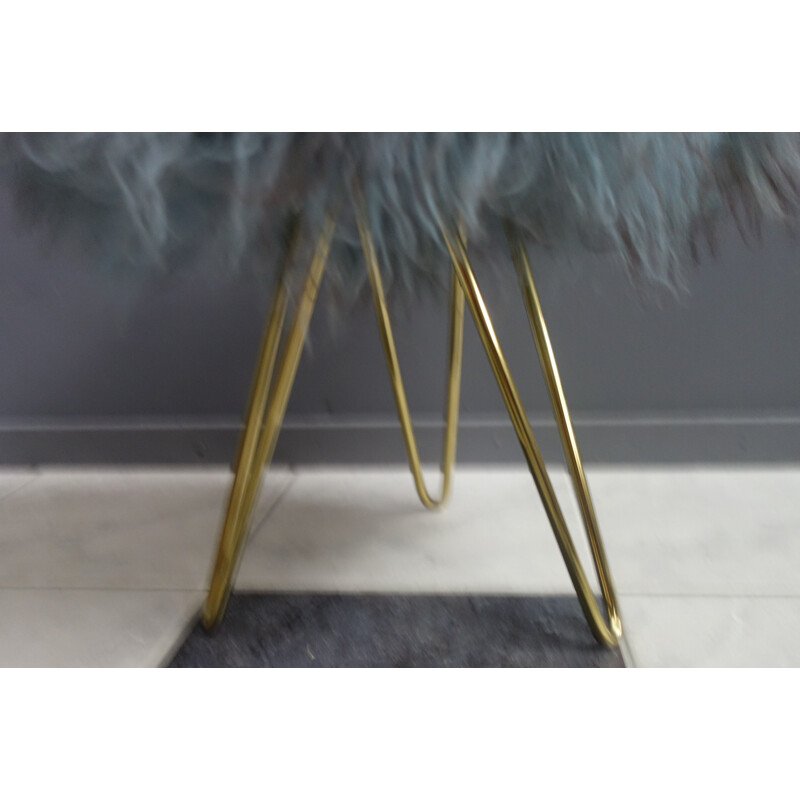 Vintage blue goat hair fluffy stool on hairpin legs, 1960s