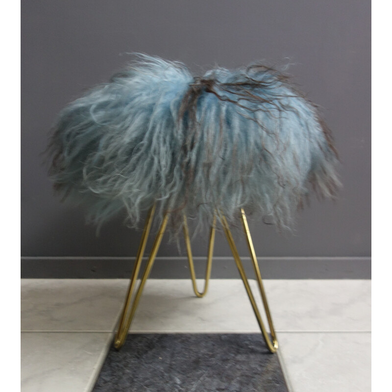 Vintage blue goat hair fluffy stool on hairpin legs, 1960s