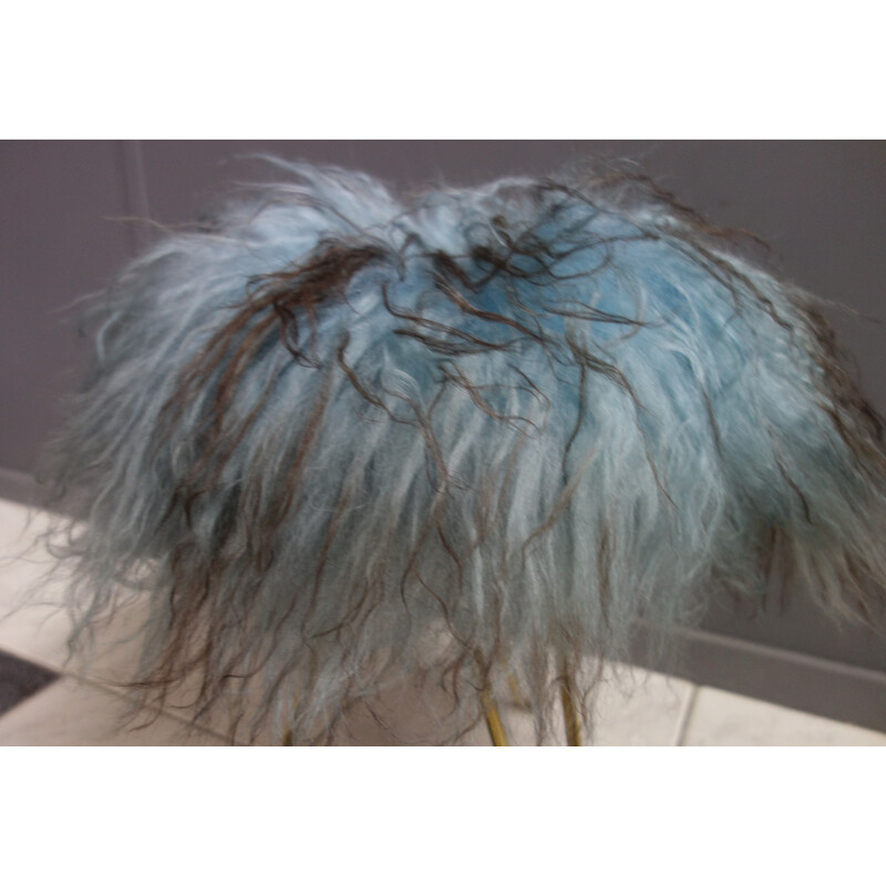 Vintage blue goat hair fluffy stool on hairpin legs, 1960s
