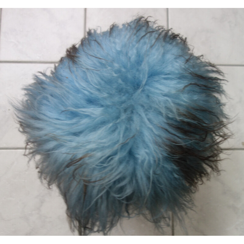 Vintage blue goat hair fluffy stool on hairpin legs, 1960s