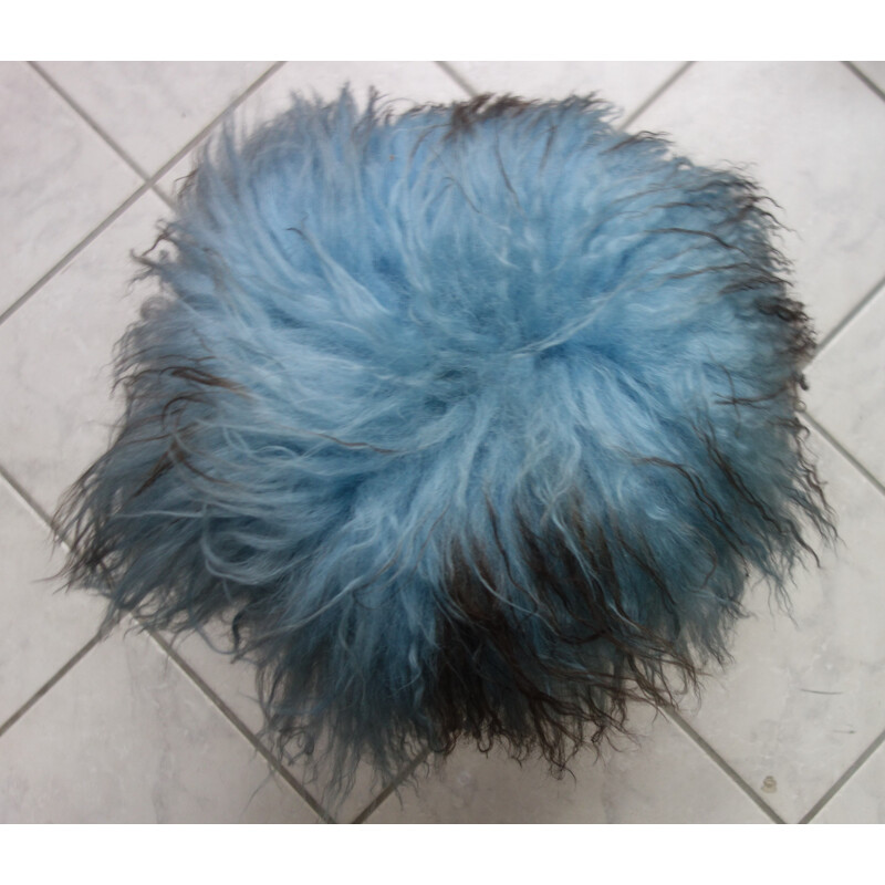 Vintage blue goat hair fluffy stool on hairpin legs, 1960s