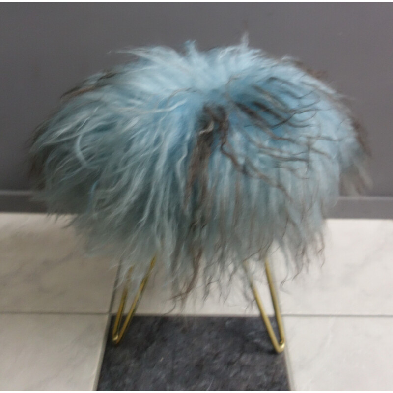 Vintage blue goat hair fluffy stool on hairpin legs, 1960s