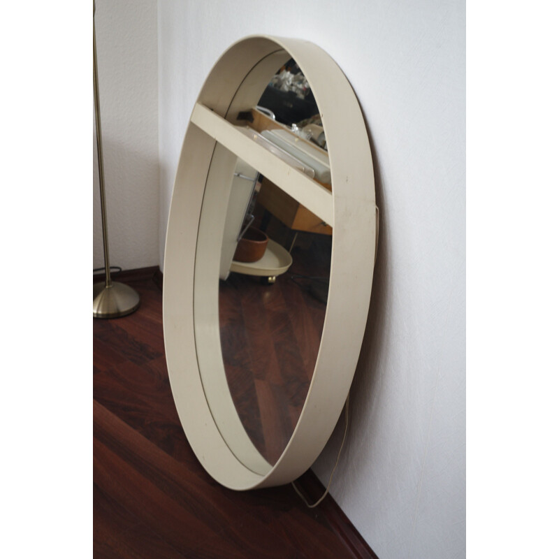 Vintage white oval mirror with light, 1970s