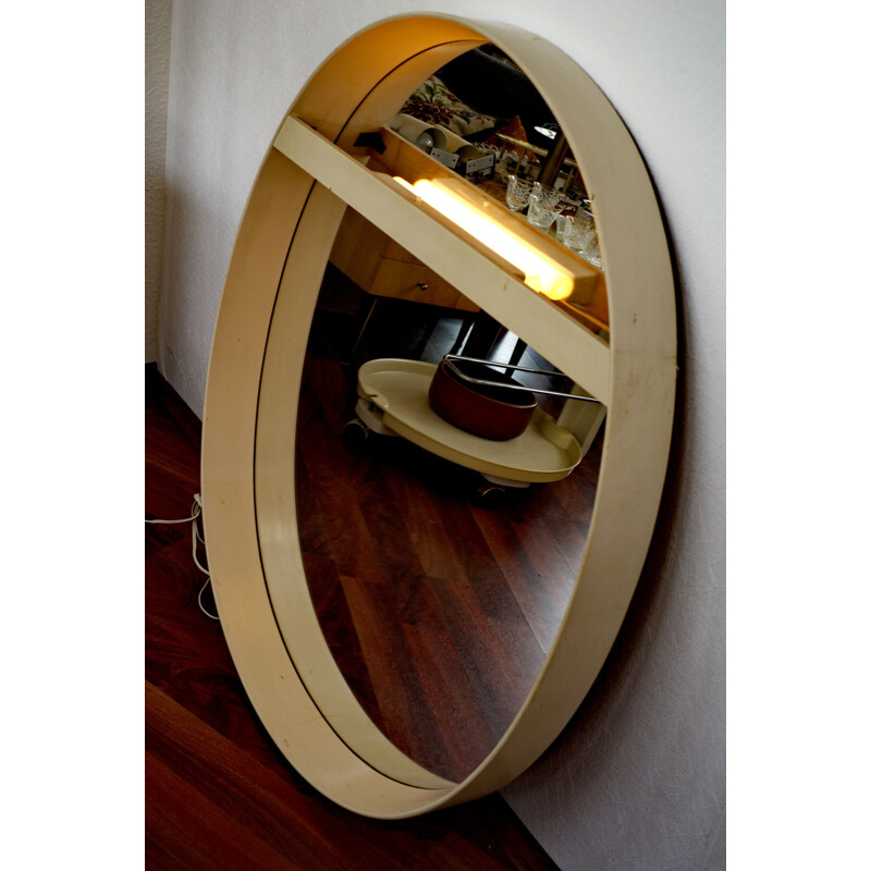 Vintage white oval mirror with light, 1970s