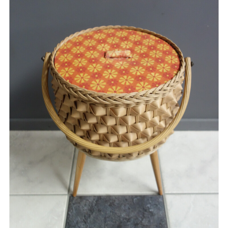 Vintage wicker sewing basket on three legs, 1960s