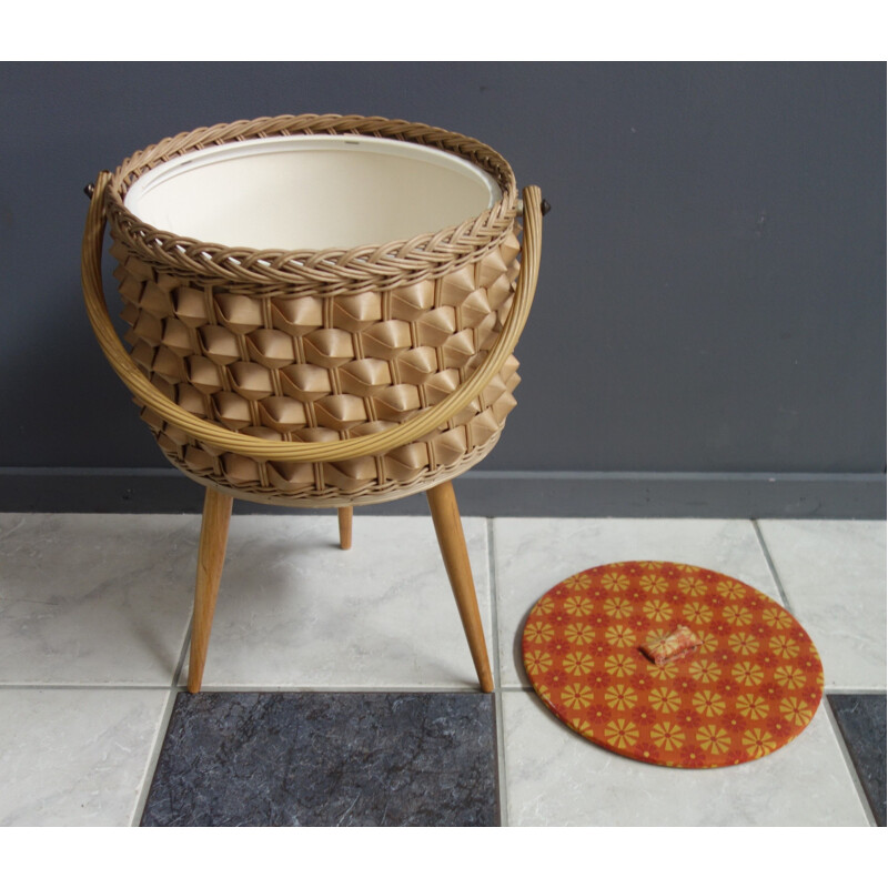 Vintage wicker sewing basket on three legs, 1960s