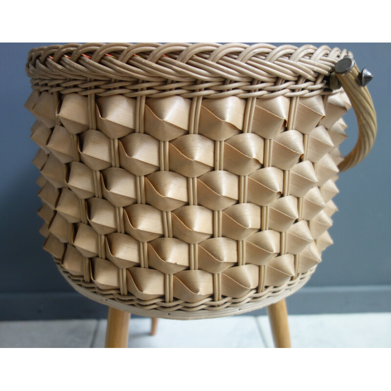 Vintage wicker sewing basket on three legs, 1960s