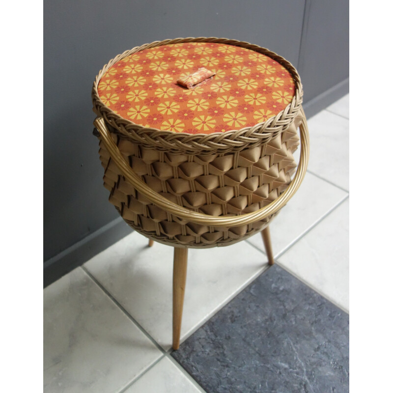 Vintage wicker sewing basket on three legs, 1960s