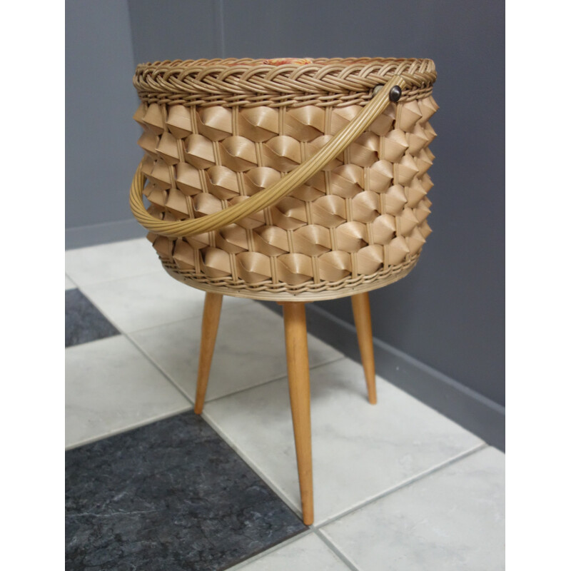 Vintage wicker sewing basket on three legs, 1960s