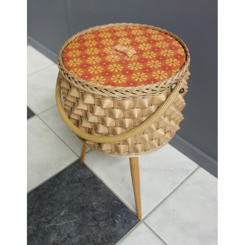 Vintage wicker sewing basket on three legs, 1960s