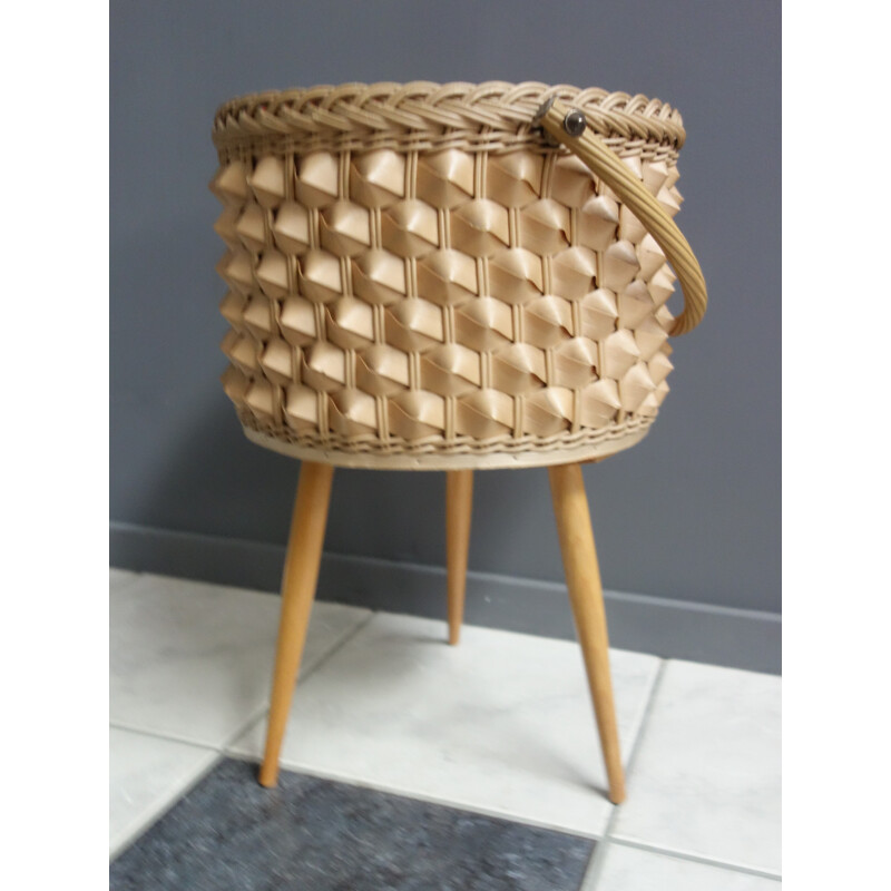 Vintage wicker sewing basket on three legs, 1960s