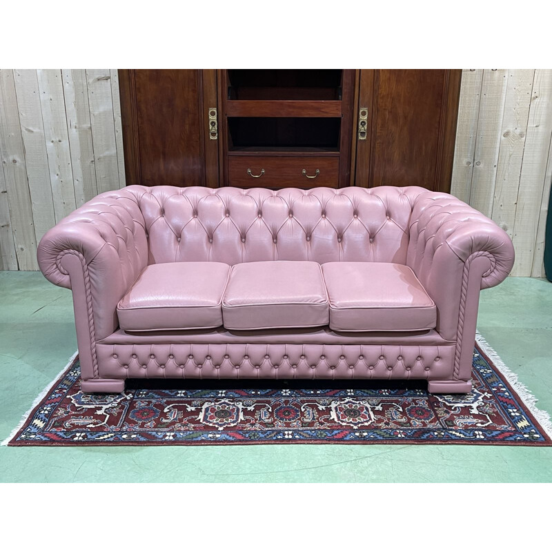 Vintage 3 seater Chesterfield sofa in light pink leather, 1990