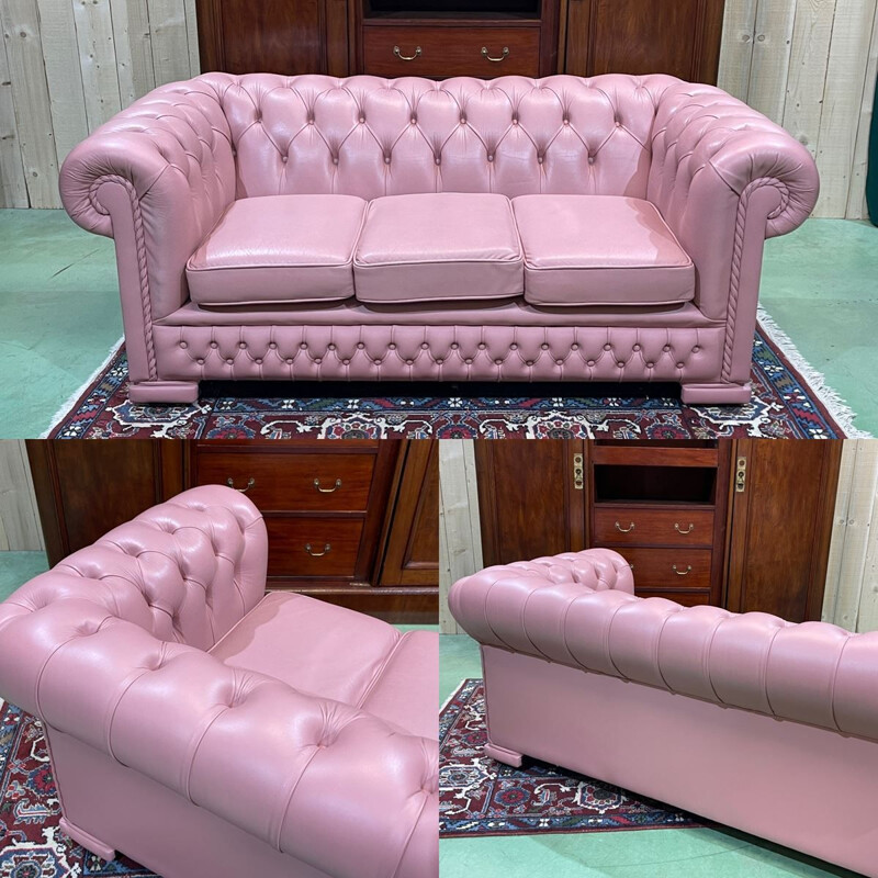Vintage 3 seater Chesterfield sofa in light pink leather, 1990
