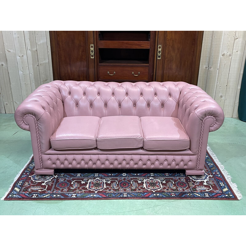 Vintage 3 seater Chesterfield sofa in light pink leather, 1990