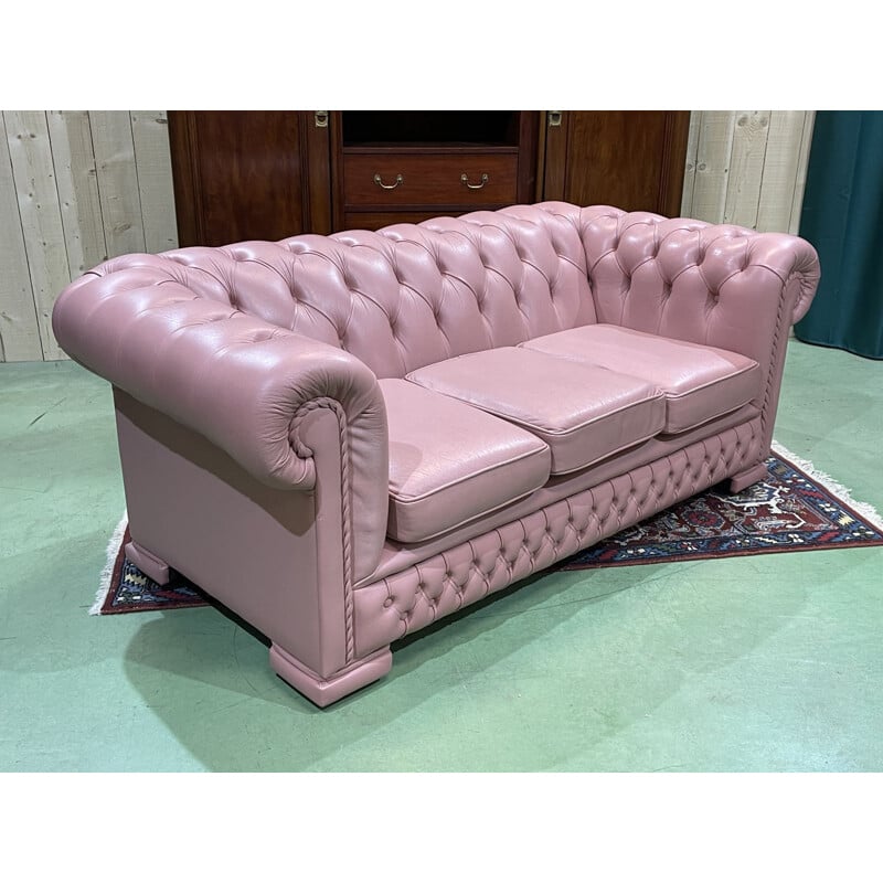 Vintage 3 seater Chesterfield sofa in light pink leather, 1990