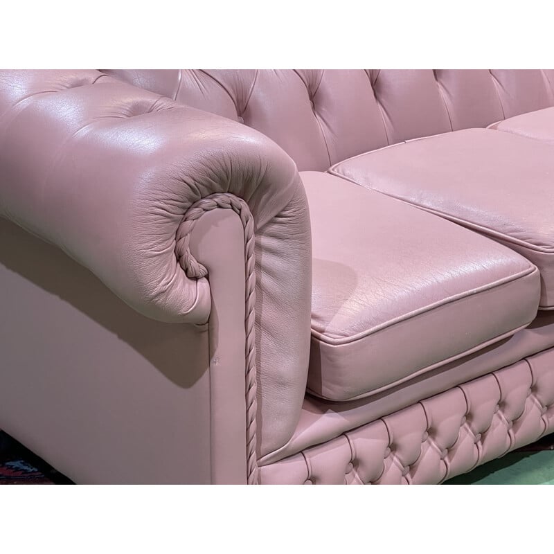 Vintage 3 seater Chesterfield sofa in light pink leather, 1990